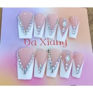 Coffin French Tip with gems | Press on Nails - Handmade | Sz Large